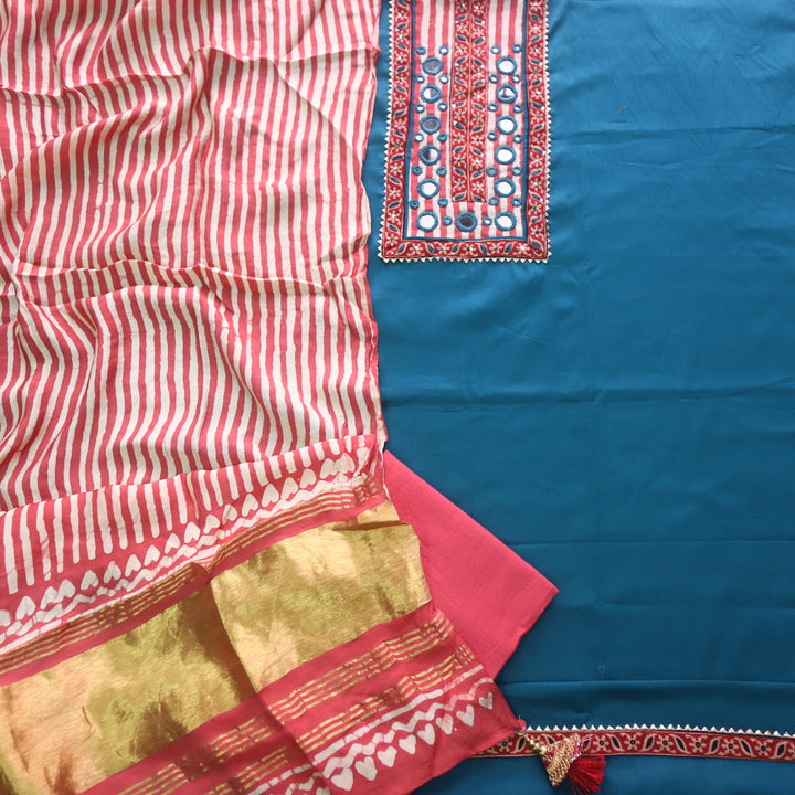 Farnaz Denim Blue Mirror Work Glazed Cotton Top with Gajji Silk Dupatta