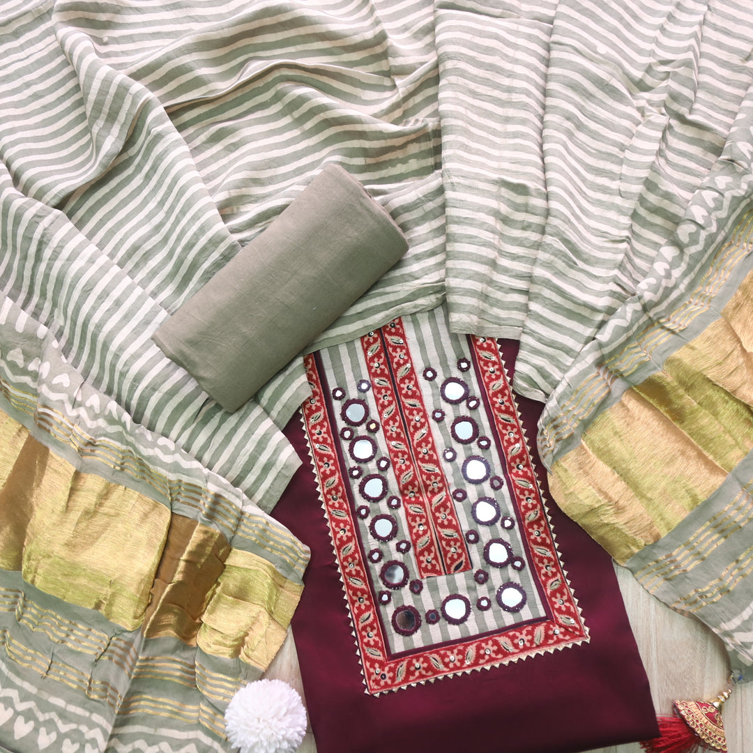Farnaz Dark Purple Mirror Work Glazed Cotton Top with Gajji Silk Dupatta