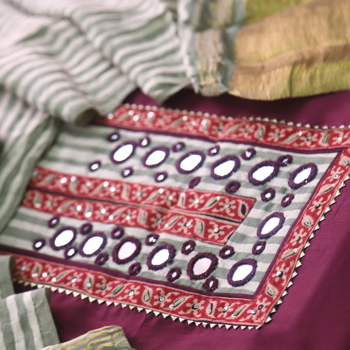 Farnaz Dark Purple Mirror Work Glazed Cotton Top with Gajji Silk Dupatta