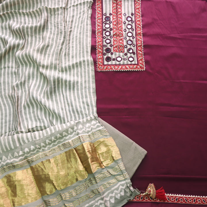 Farnaz Dark Purple Mirror Work Glazed Cotton Top with Gajji Silk Dupatta