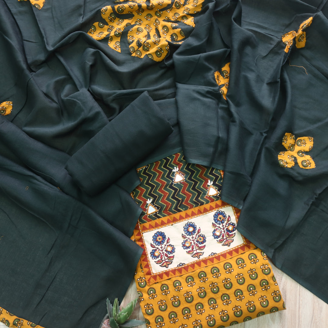 Ruhani Dijon Yellow Ajrak Print Mirror Work Cotton Top With Printed Dupatta