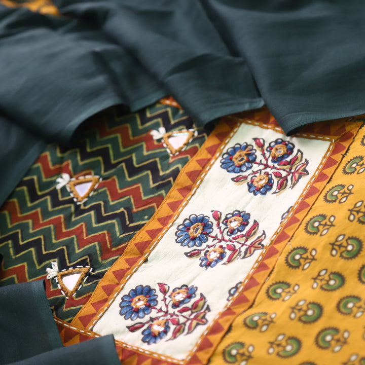 Ruhani Dijon Yellow Ajrak Print Mirror Work Cotton Top With Printed Dupatta