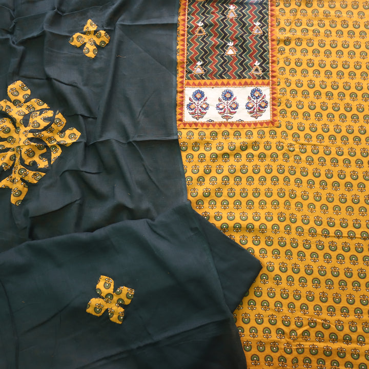 Ruhani Dijon Yellow Ajrak Print Mirror Work Cotton Top With Printed Dupatta