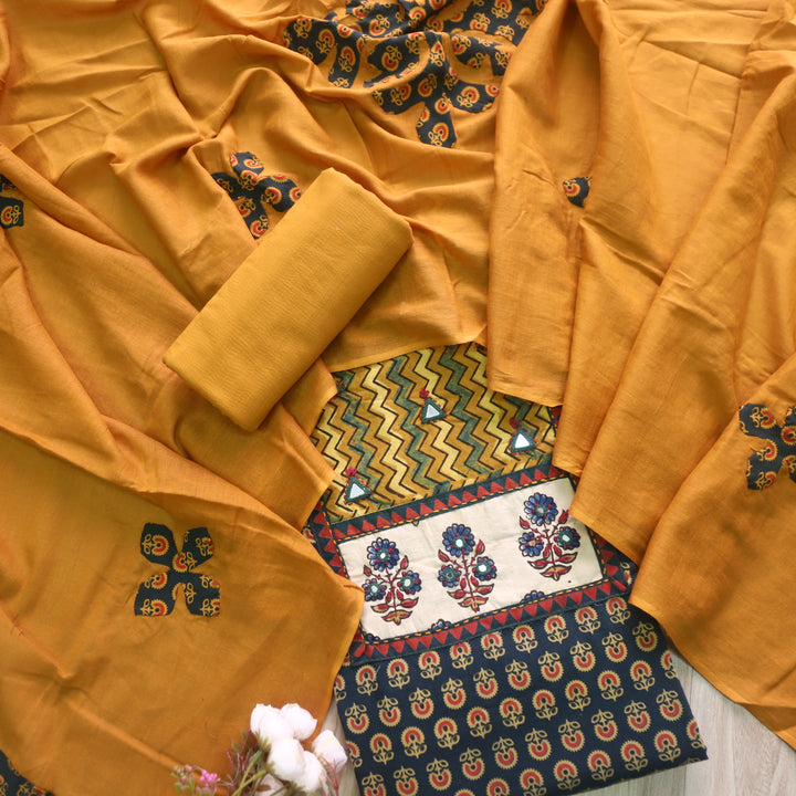 Ruhani Dark Green Ajrak Print Mirror Work Cotton Top With Printed Dupatta