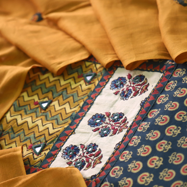 Ruhani Dark Green Ajrak Print Mirror Work Cotton Top With Printed Dupatta