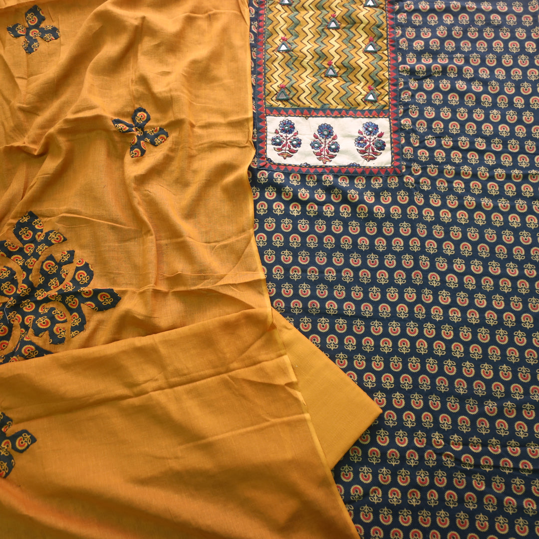 Ruhani Dark Green Ajrak Print Mirror Work Cotton Top With Printed Dupatta