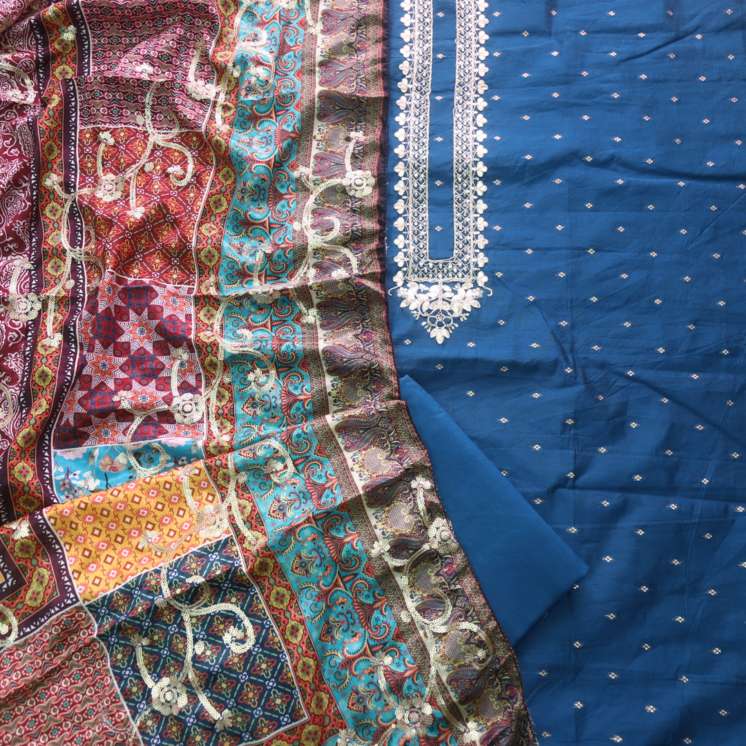 Dilbara Peacock Blue Zari and Patra Neck Work Chanderi Suit Set