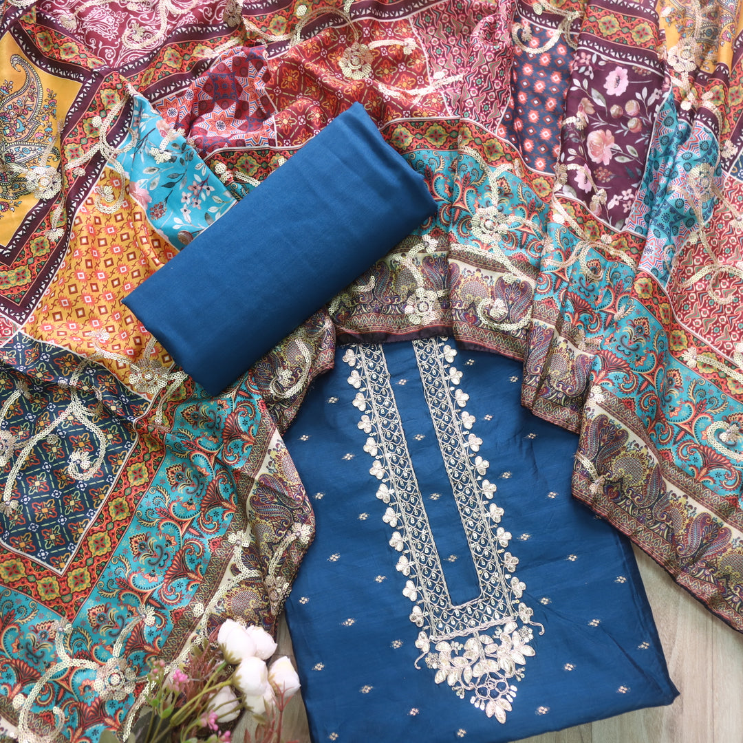 Dilbara Peacock Blue Zari and Patra Neck Work Chanderi Suit Set