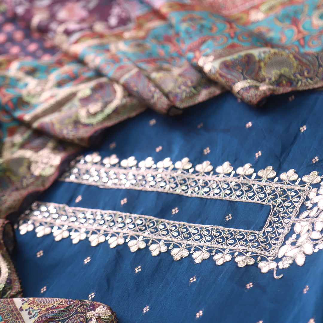 Dilbara Peacock Blue Zari and Patra Neck Work Chanderi Suit Set