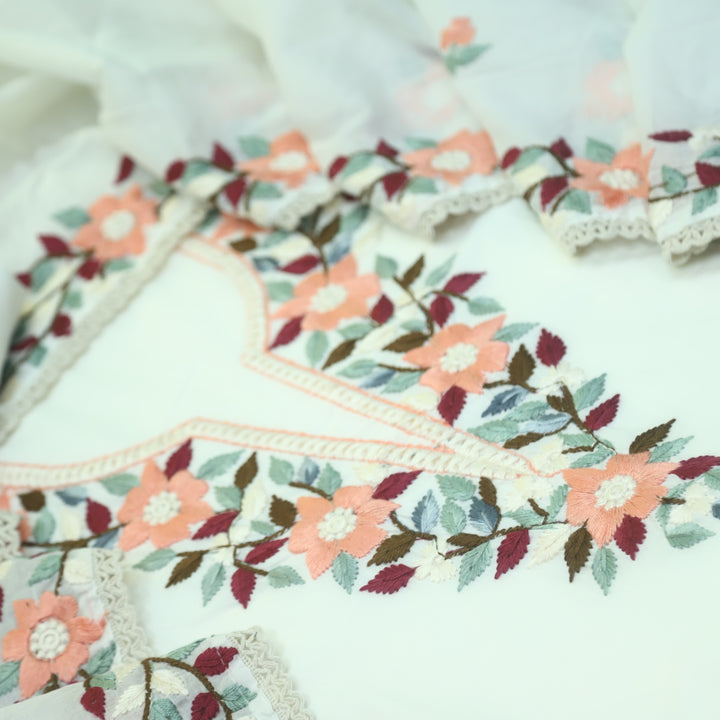 Riwayaat Cream White Chikankari inspired Neck Work Modal Suit Set