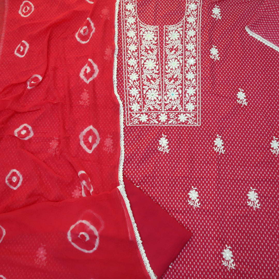 Riwayaat Rani Pink Chikankari inspired Neck Work Printed Cotton Suit Set