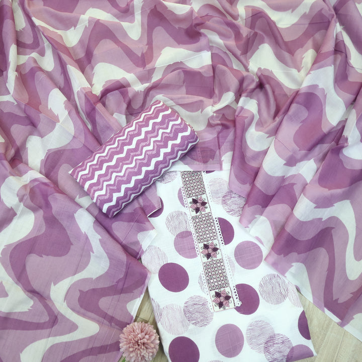 Samaya White with Purple Lace Work Neck Printed Cotton Rayon Suit Set