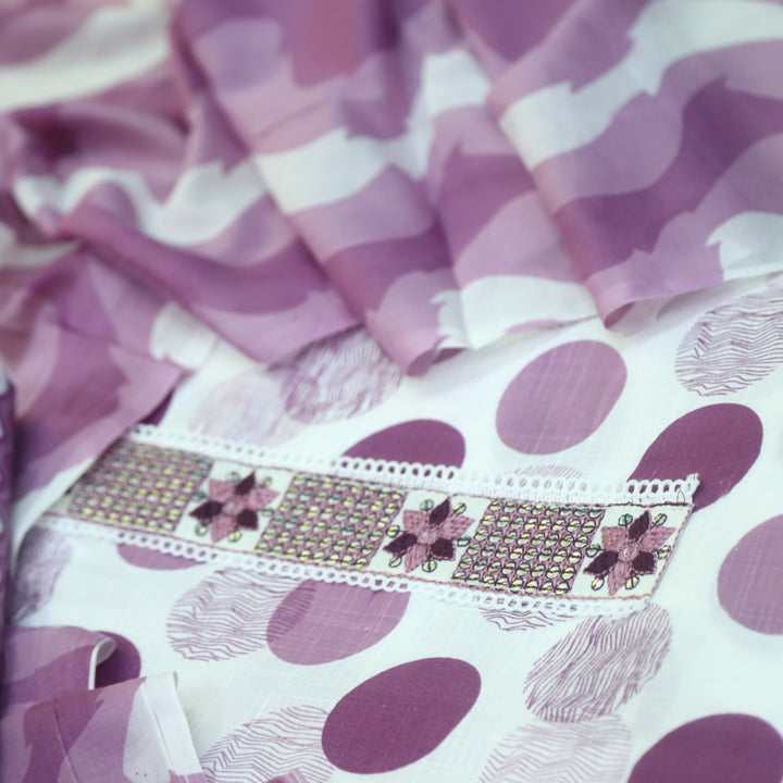 Samaya White with Purple Lace Work Neck Printed Cotton Rayon Suit Set