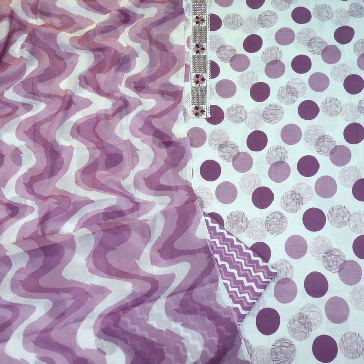 Samaya White with Purple Lace Work Neck Printed Cotton Rayon Suit Set