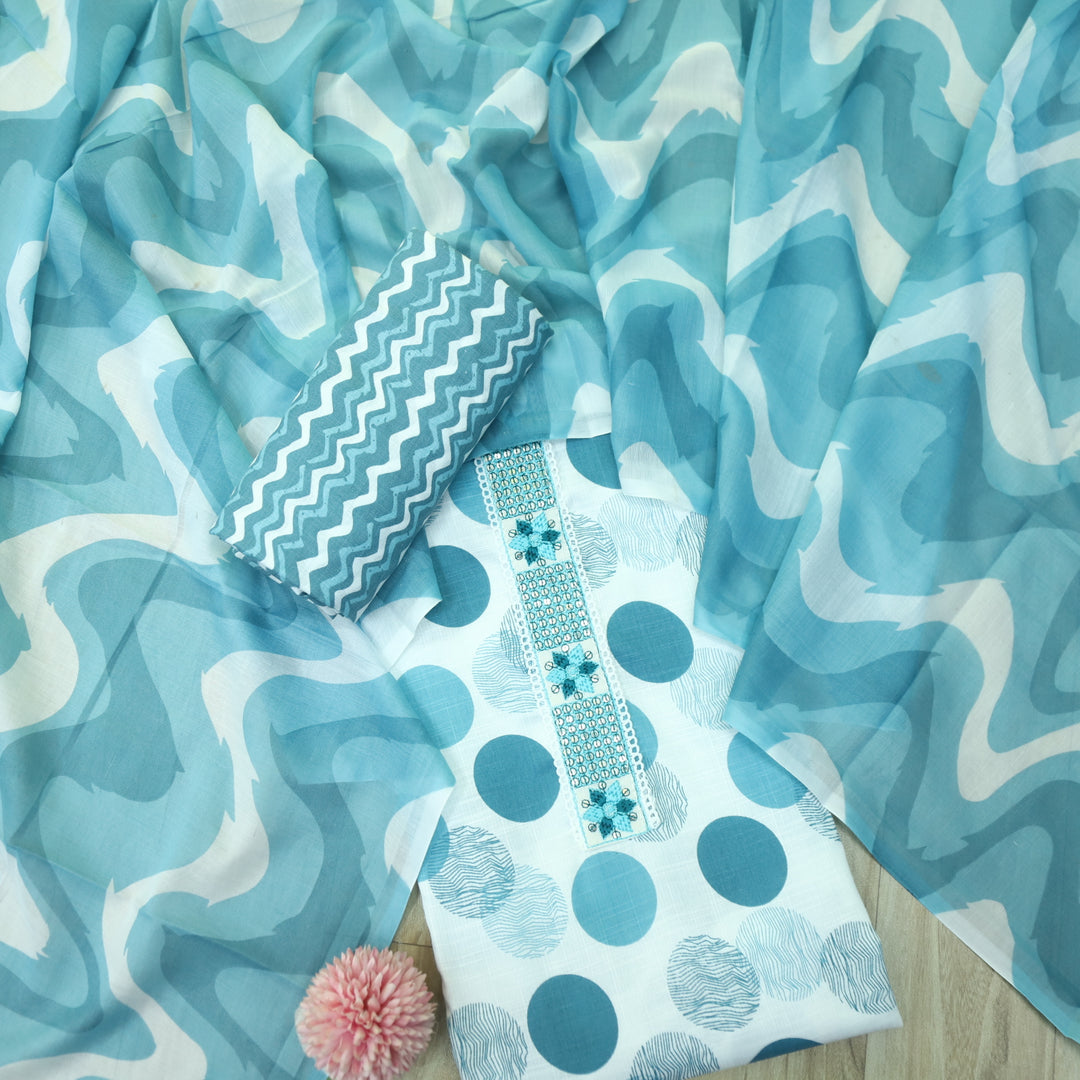 Samaya White with Teal Blue Lace Work Neck Printed Cotton Rayon Suit Set