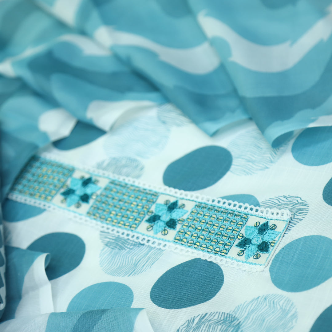 Samaya White with Teal Blue Lace Work Neck Printed Cotton Rayon Suit Set