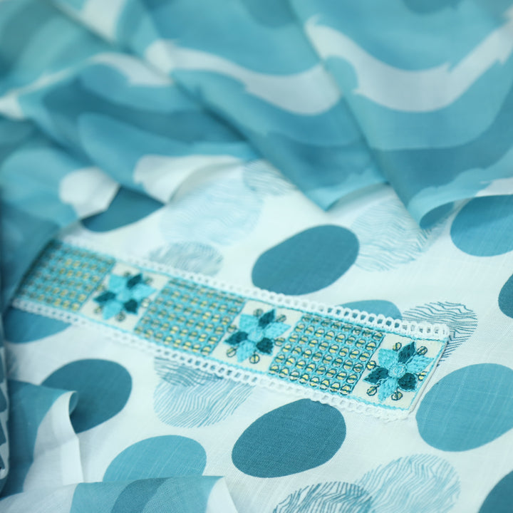 Samaya White with Teal Blue Lace Work Neck Printed Cotton Rayon Suit Set