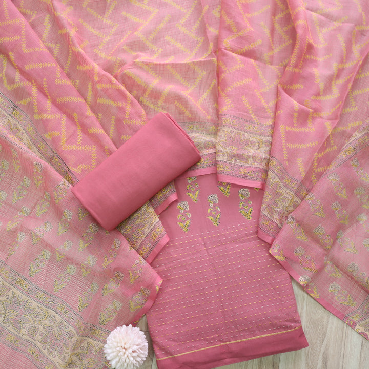 Jahaan Blush Pink Floral Printed Running Stitch Hem Cotton Suit Set