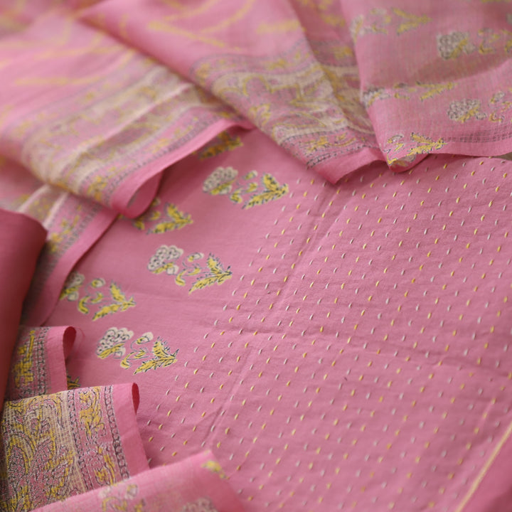 Jahaan Blush Pink Floral Printed Running Stitch Hem Cotton Suit Set