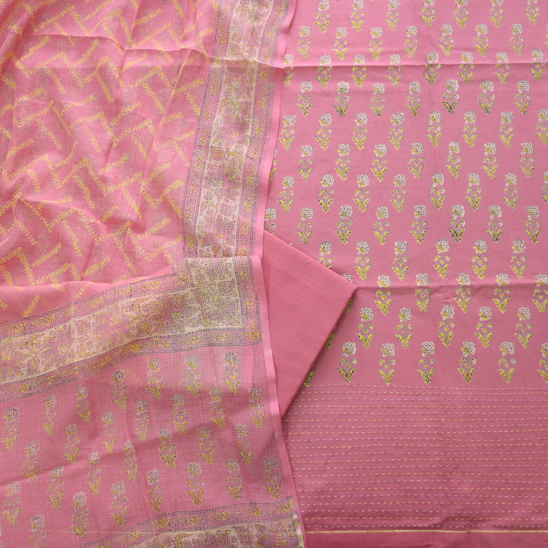 Jahaan Blush Pink Floral Printed Running Stitch Hem Cotton Suit Set