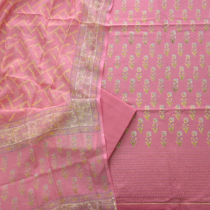 Jahaan Blush Pink Floral Printed Running Stitch Hem Cotton Suit Set