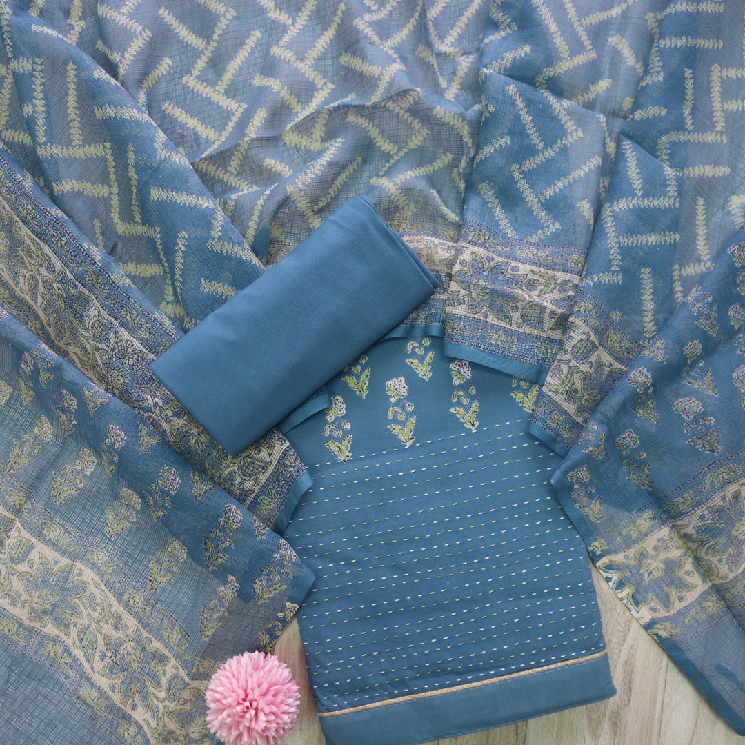Jahaan Steel Blue Floral Printed Running Stitch Hem Cotton Suit Set
