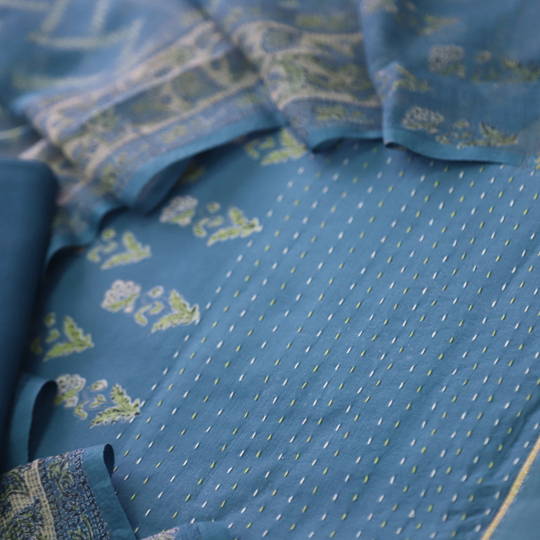 Jahaan Steel Blue Floral Printed Running Stitch Hem Cotton Suit Set