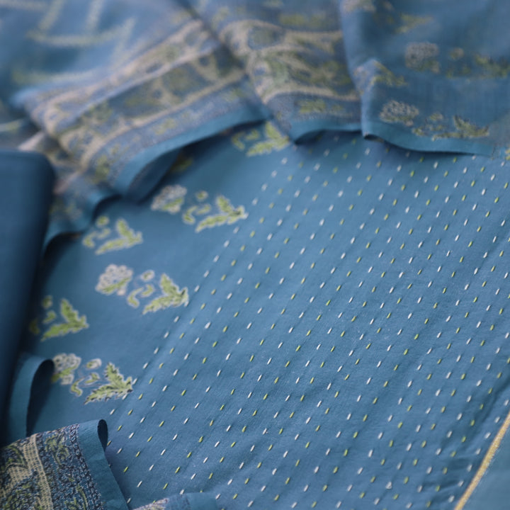 Jahaan Steel Blue Floral Printed Running Stitch Hem Cotton Suit Set