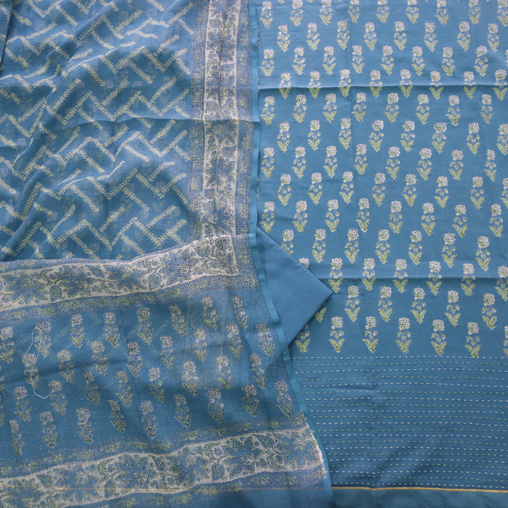 Jahaan Steel Blue Floral Printed Running Stitch Hem Cotton Suit Set
