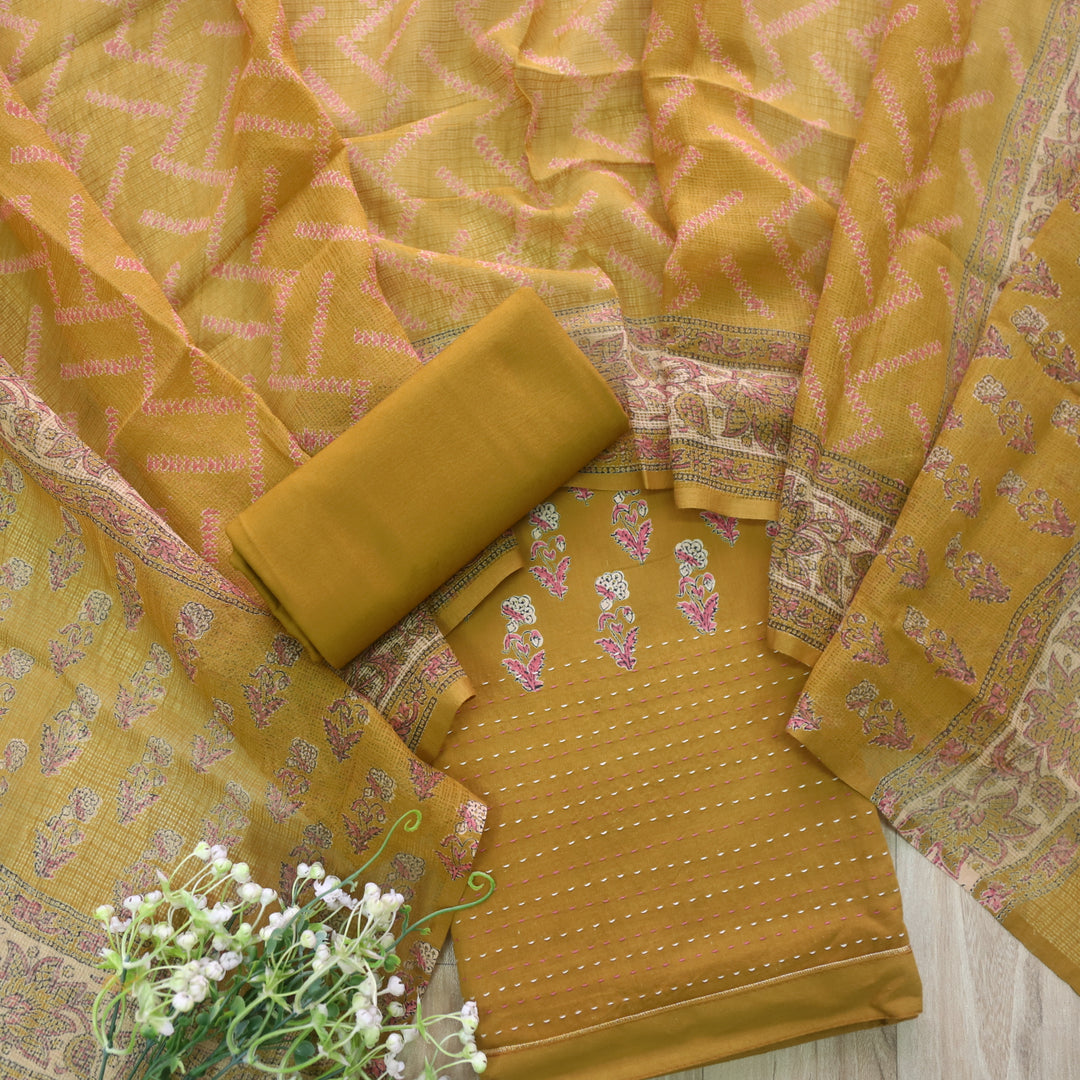 Jahaan Medallion Yellow Floral Printed Running Stitch Hem Cotton Suit Set