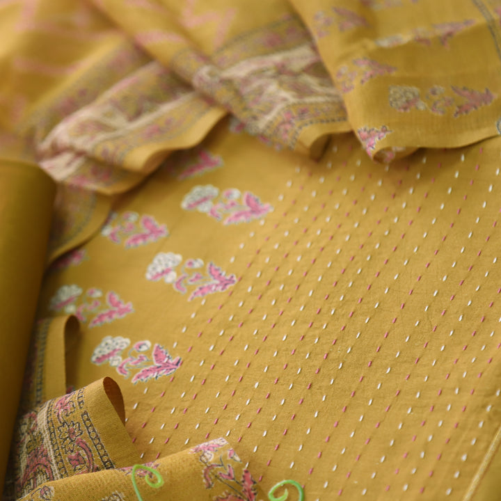 Jahaan Medallion Yellow Floral Printed Running Stitch Hem Cotton Suit Set