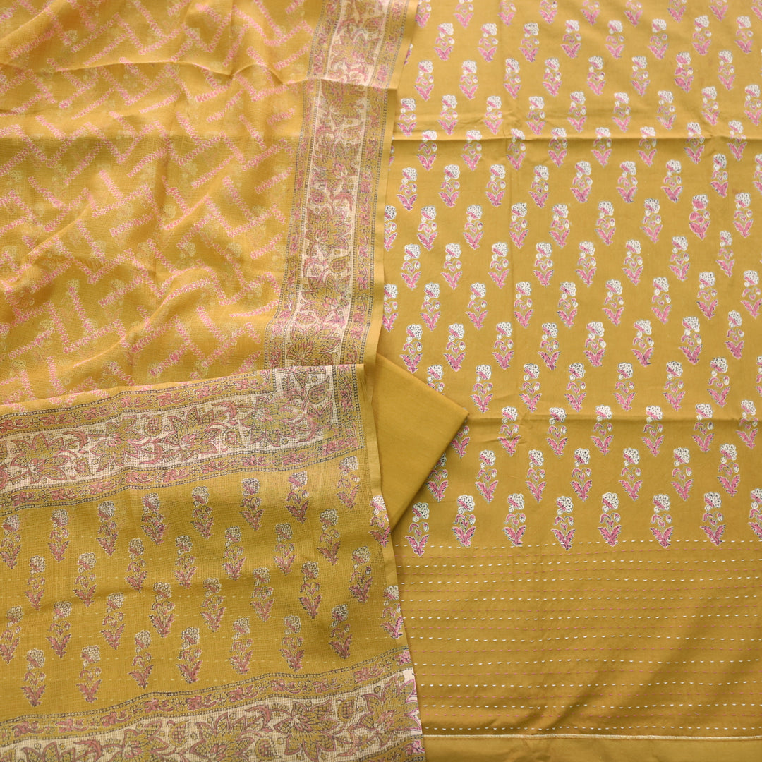 Jahaan Medallion Yellow Floral Printed Running Stitch Hem Cotton Suit Set