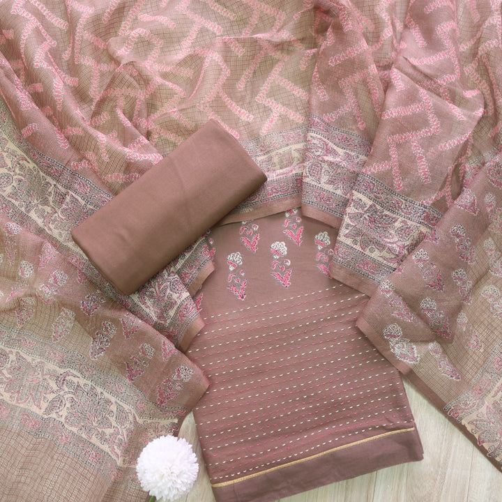 Jahaan Powder Brown Floral Printed Running Stitch Hem Cotton Suit Set