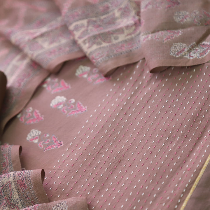 Jahaan Powder Brown Floral Printed Running Stitch Hem Cotton Suit Set