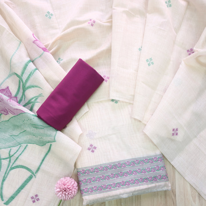 Jannat Beige Nude with Dark Purple Authentic Jamdani Top and Jamdani Dupatta