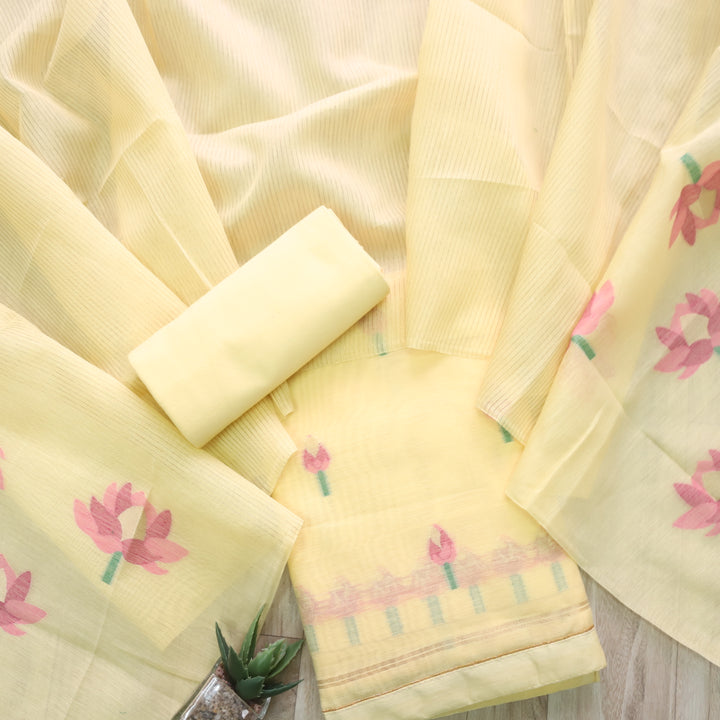 Raina Bright Yellow with Purple Authentic Jamdani Weaved Suit Set