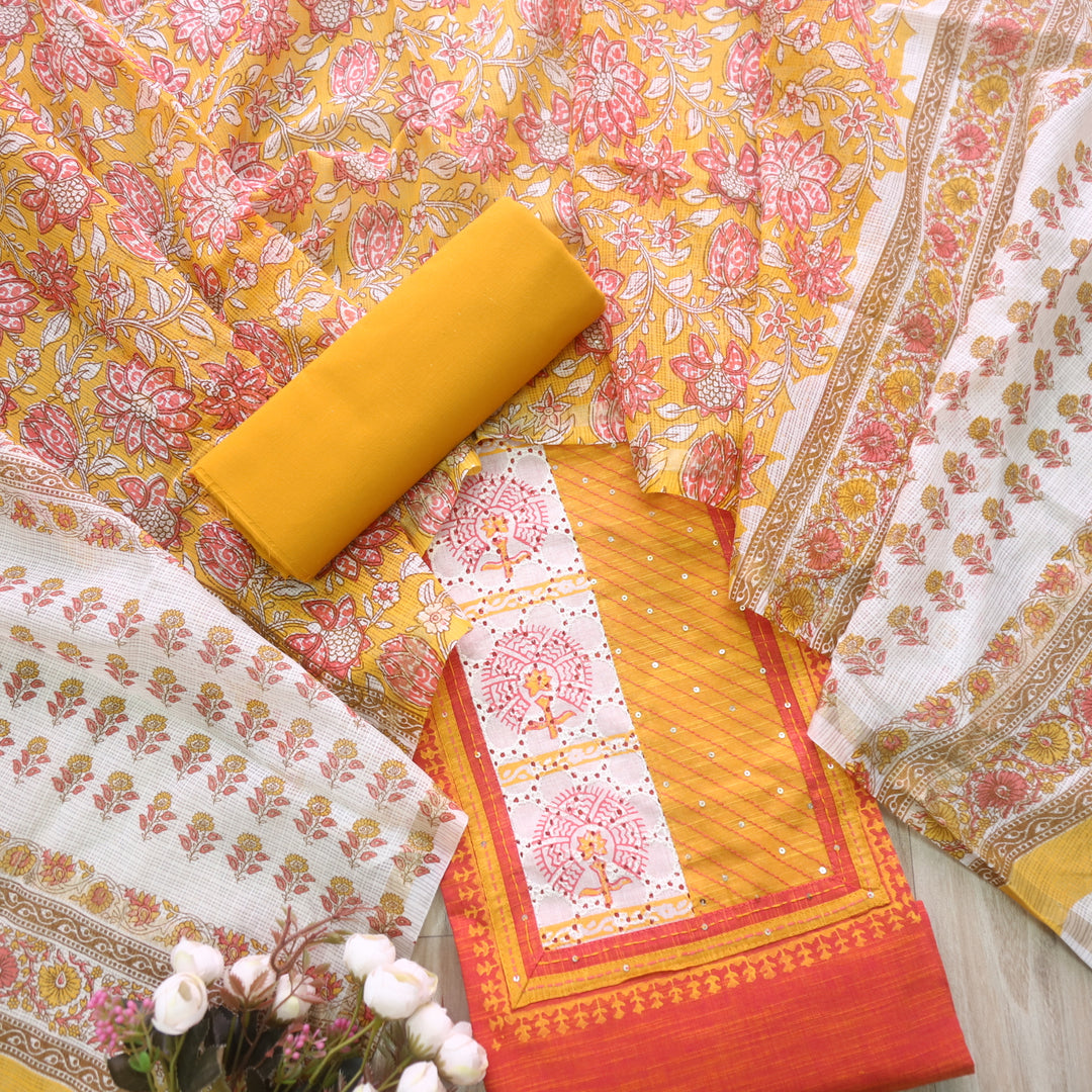 Jahaan Turmeric Yellow Schiffli Neck Work Printed South Cotton Suit Set D2