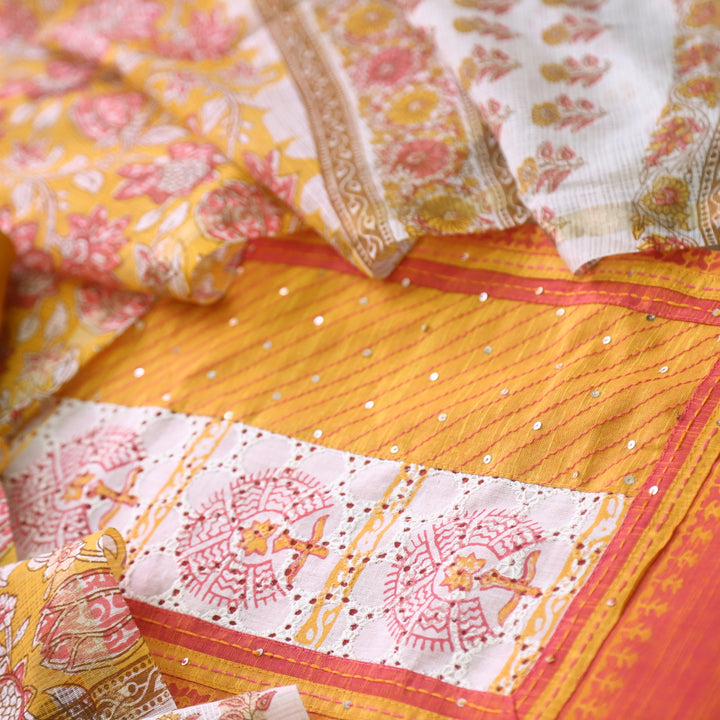 Jahaan Turmeric Yellow Schiffli Neck Work Printed South Cotton Suit Set D2