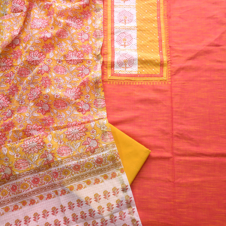 Jahaan Turmeric Yellow Schiffli Neck Work Printed South Cotton Suit Set D2