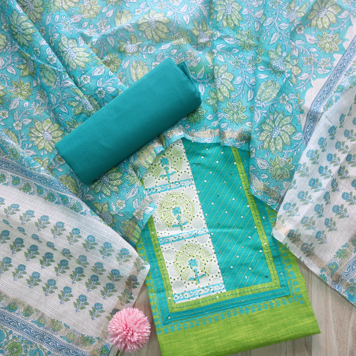 Jahaan Turquoise Green Schiffli Neck Work Printed South Cotton Suit Set D2