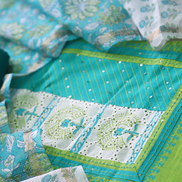 Jahaan Turquoise Green Schiffli Neck Work Printed South Cotton Suit Set D2