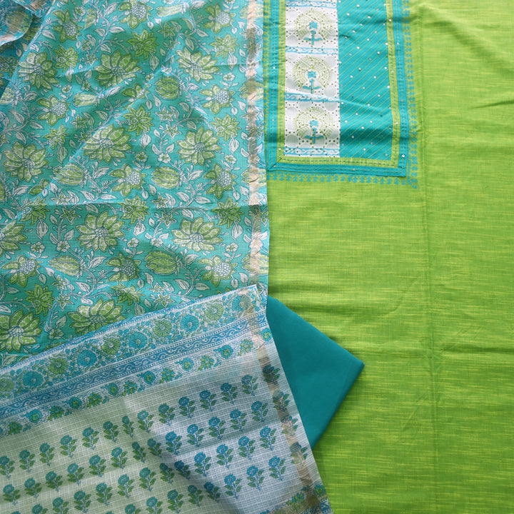 Jahaan Turquoise Green Schiffli Neck Work Printed South Cotton Suit Set D2