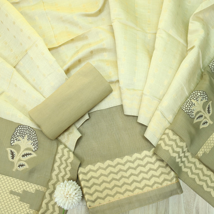 Rashiya Beige Yellow Authentic Jamdani Weaved Premium Chanderi Suit Set