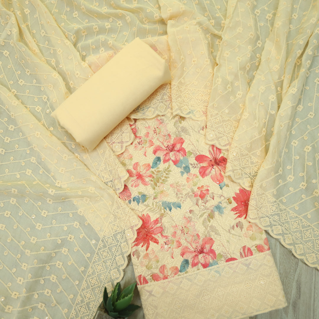 Narazzi Peach Orange Thread Work Floral Printed Hakoba Cotton Suit Set