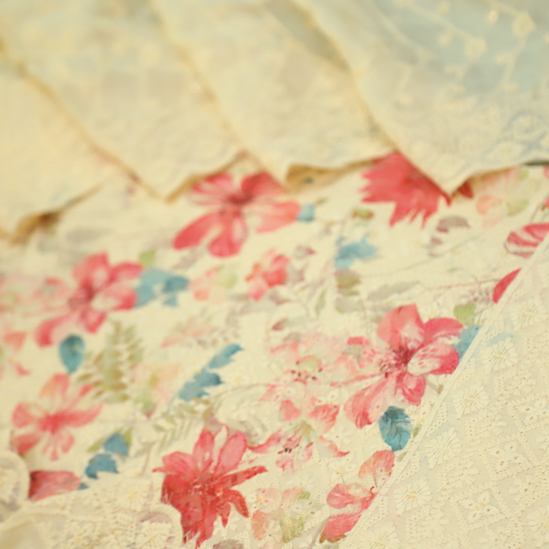 Narazzi Peach Orange Thread Work Floral Printed Hakoba Cotton Suit Set