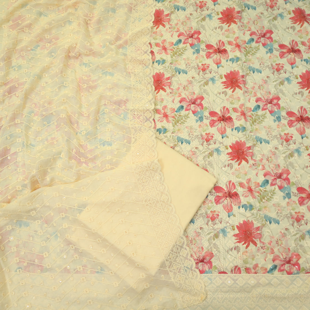 Narazzi Peach Orange Thread Work Floral Printed Hakoba Cotton Suit Set