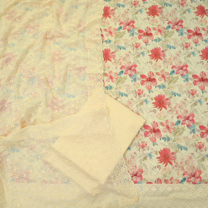 Narazzi Peach Orange Thread Work Floral Printed Hakoba Cotton Suit Set