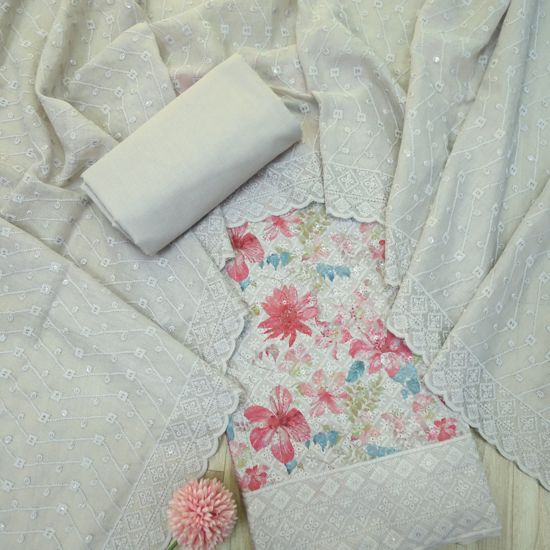 Narazzi Fossil Grey Thread Work Floral Printed Hakoba Cotton Suit Set