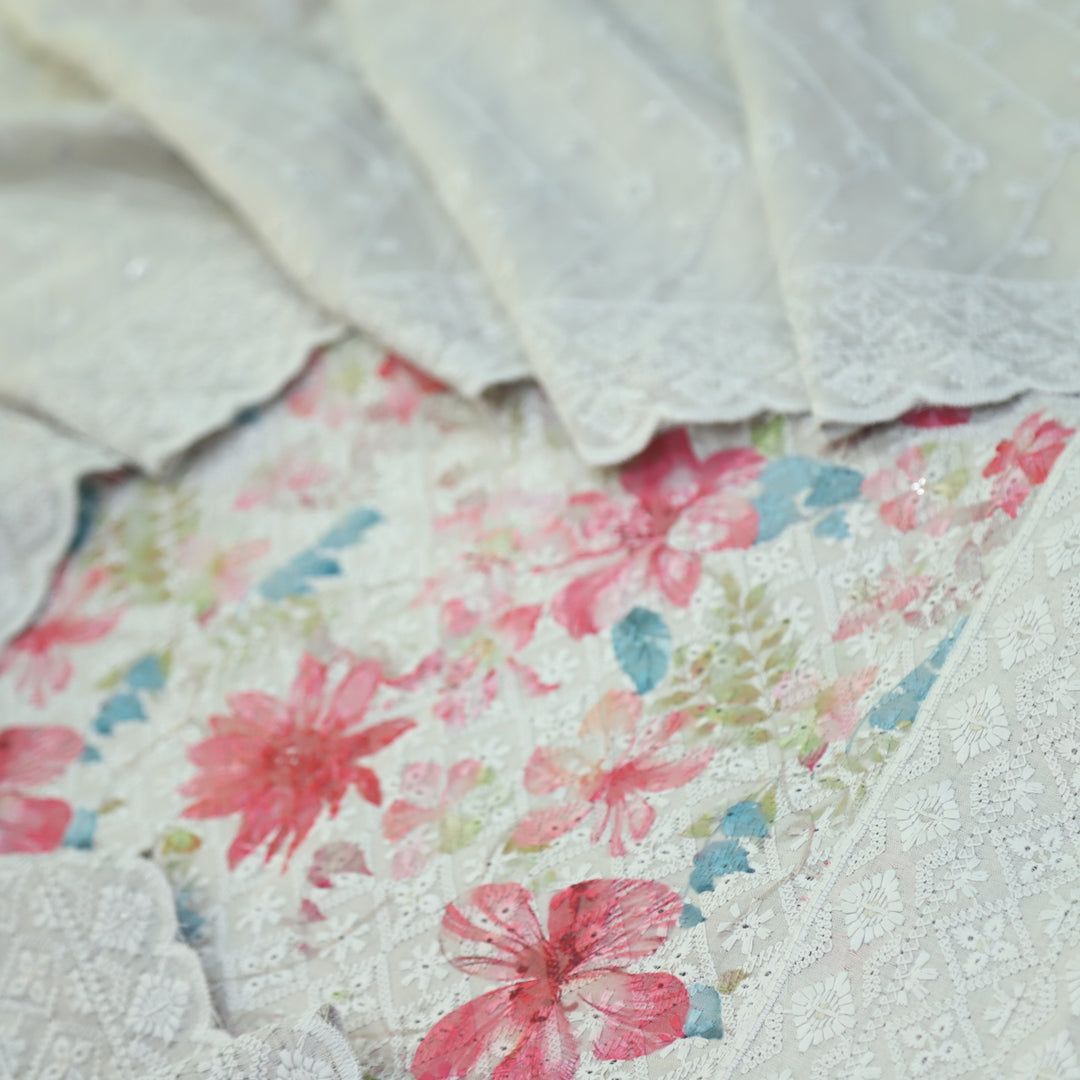 Narazzi Fossil Grey Thread Work Floral Printed Hakoba Cotton Suit Set