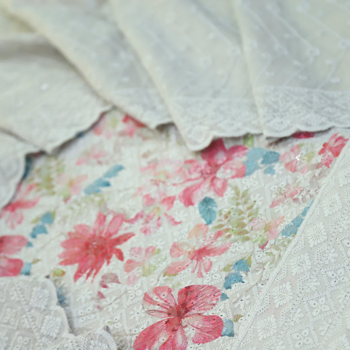 Narazzi Fossil Grey Thread Work Floral Printed Hakoba Cotton Suit Set